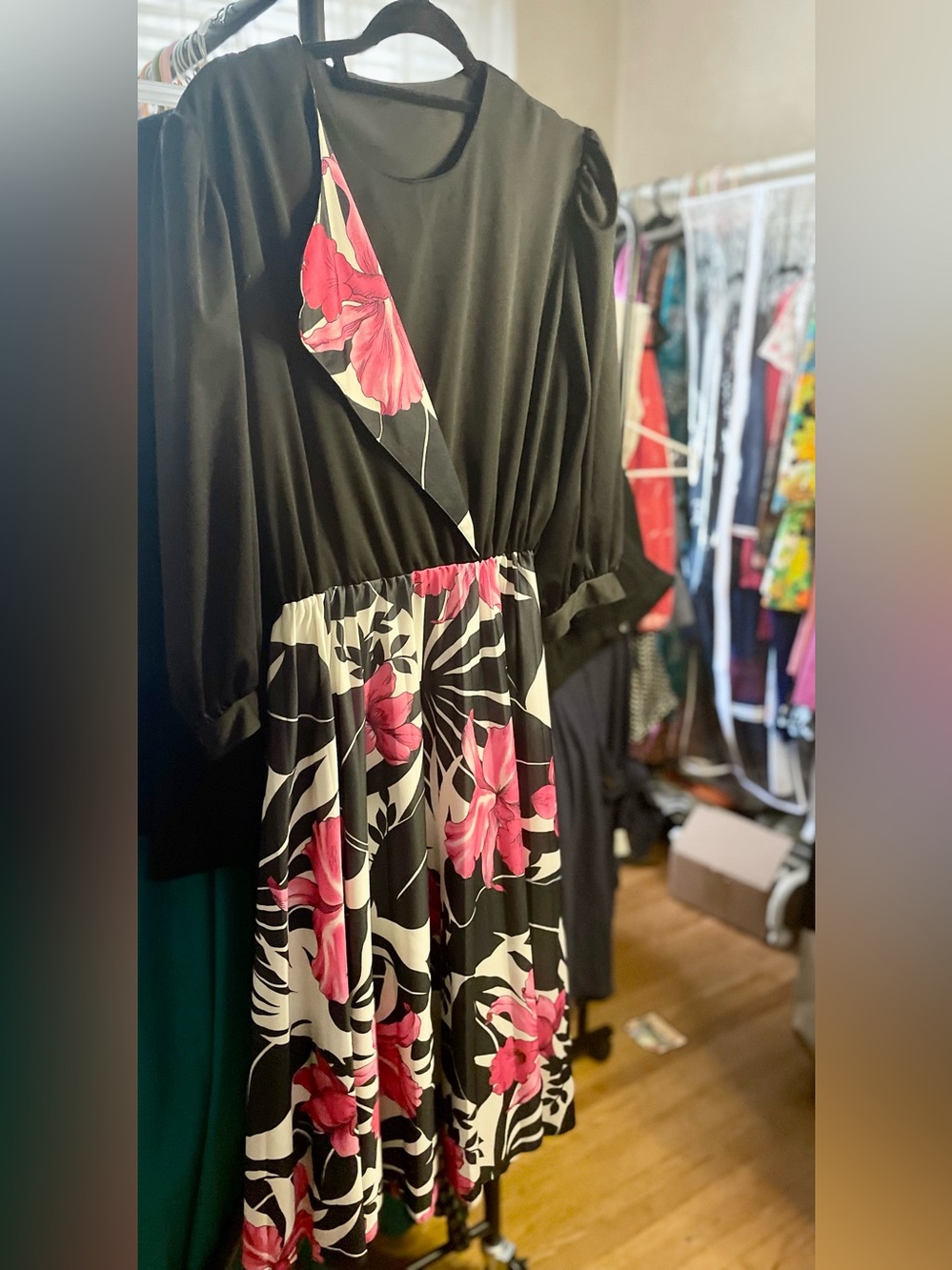 VTG Floral Midi Dress with Pink Hibiscus Print